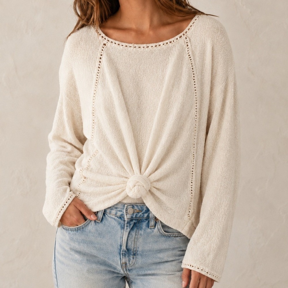 Anthropologie Sweater Women Small Cream Front Tie Knot Crochet Lace Cotton Blend